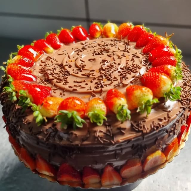 Torta de chocolate da 3EL coberta com morangos frescos
